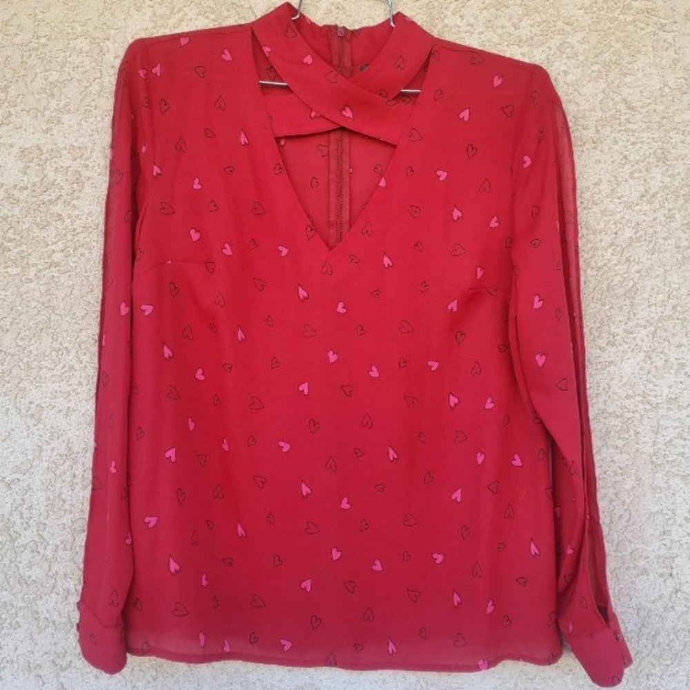 Red Hearts V-Neck Blouse - Size L